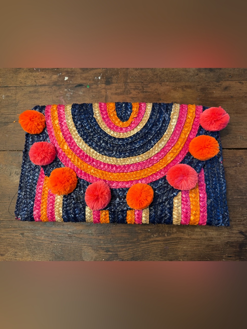 Mud Pie Navy Woven Clutch with Pink, Orange & Natural Pom Trim